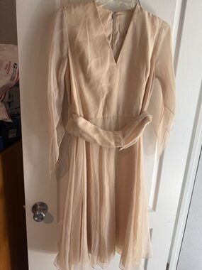 Hand Crafted Cream Chiffon V-Neck Long-Sleeve Dress